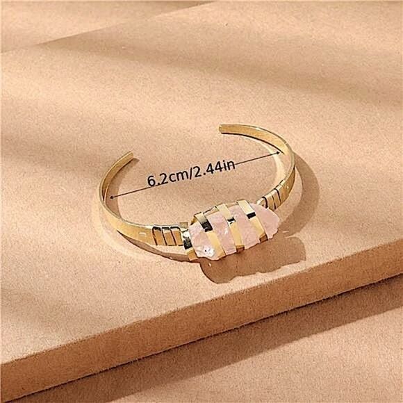 Artisan Free Spirit Unique Pink Stone Cuff Bracelet Minimalist Gold Tone Jewelry - Picture 4 of 8